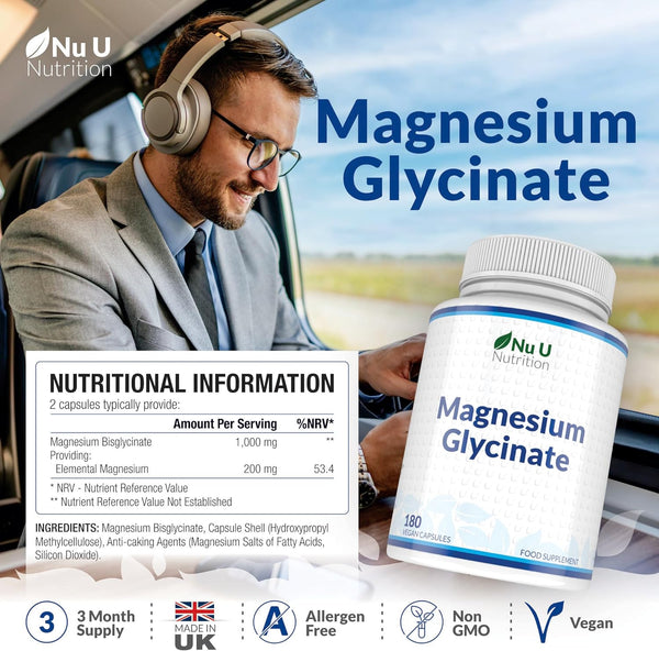 Magnesium Glycinate 1000mg - 180 Vegan Capsules - Made in the UK