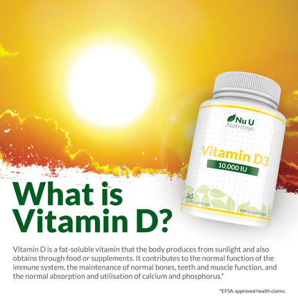 Vitamin D3 10,000IU Premium Capsules - Supports Bone Health, Immune Function & Overall Wellbeing - Gluten Free Formula for Optimal Sunshine Vitamin Levels