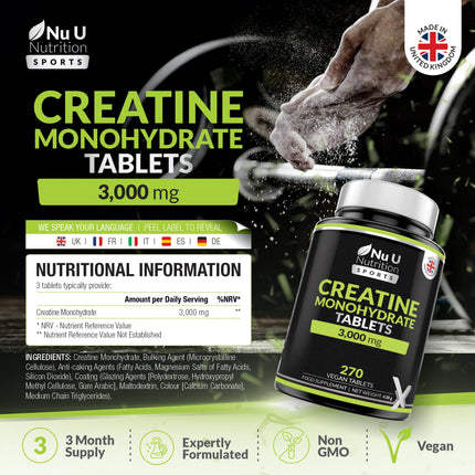 Creatine Monohydrate Tablets 3000mg – 270 Vegan Tablets
