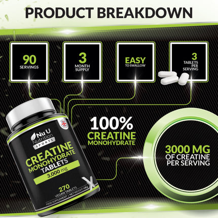 Creatine Monohydrate Tablets 3000mg – 270 Vegan Tablets