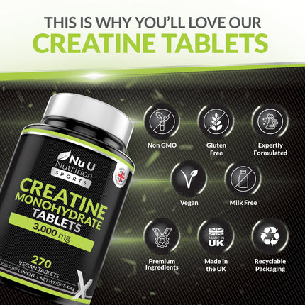 Creatine Monohydrate Tablets 3000mg – 270 Vegan Tablets