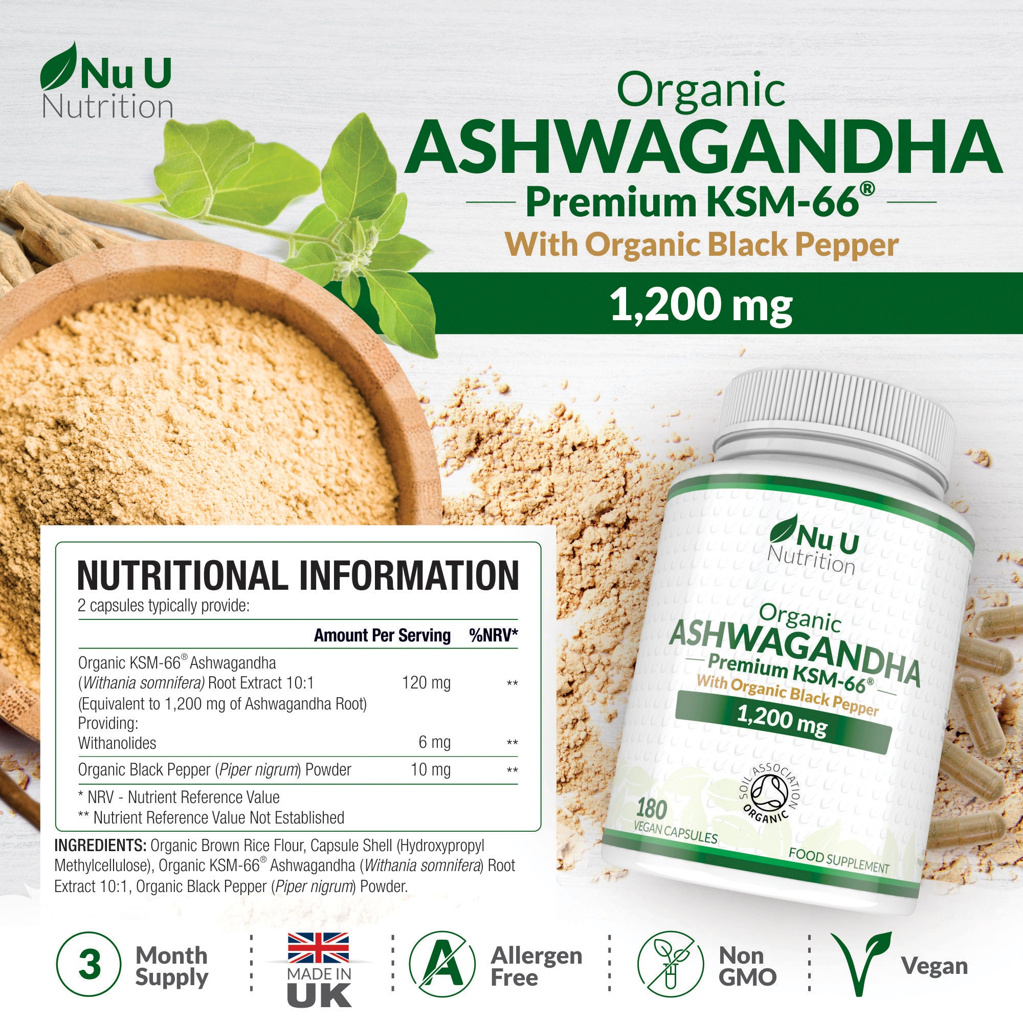Ashwagandha KSM-66® 1200mg - 180 Premium Organic Vegan Capsules for En ...