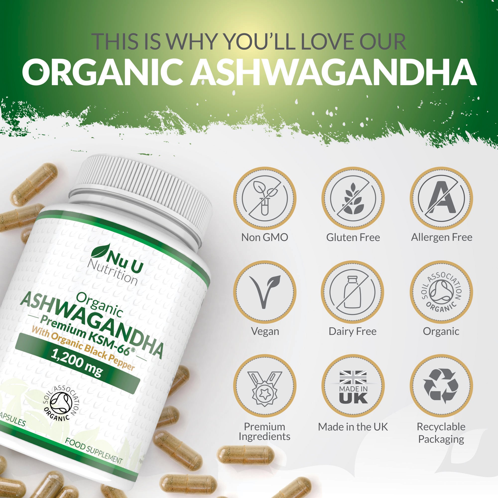 Ashwagandha KSM-66® 1200mg - 180 Premium Organic Vegan Capsules for En ...