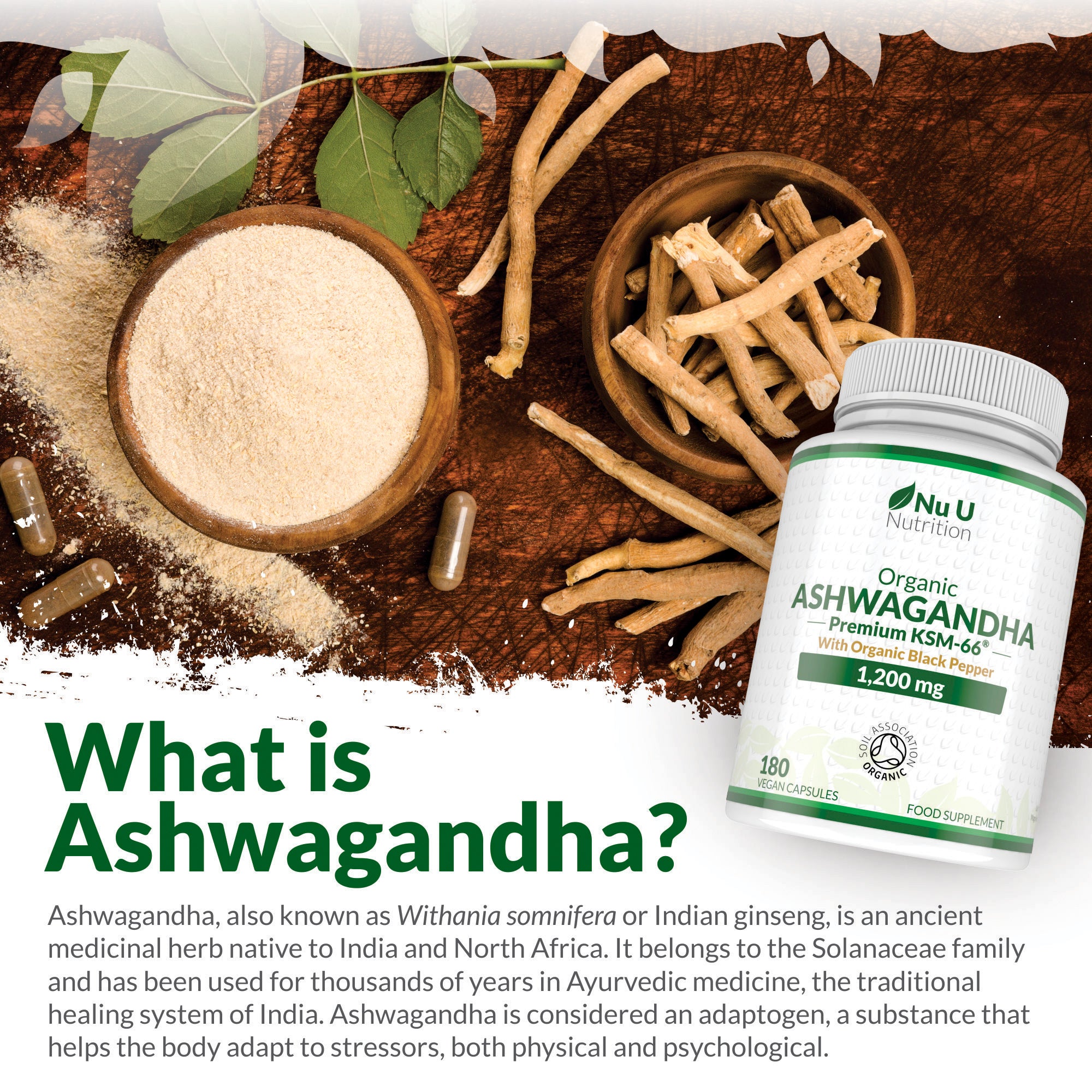 Ashwagandha KSM-66® 1200mg - 180 Premium Organic Vegan Capsules for En ...
