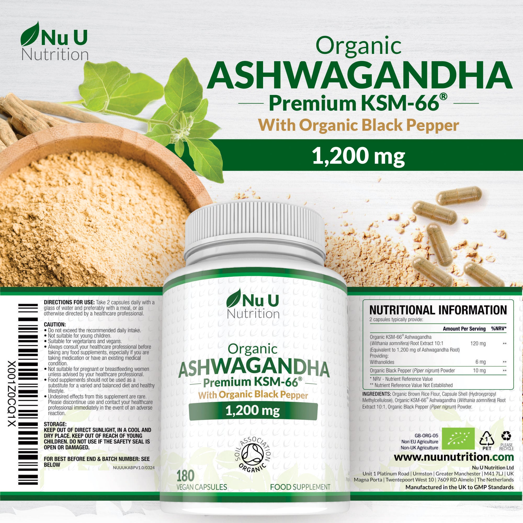 Ashwagandha KSM-66® 1200mg - 180 Premium Organic Vegan Capsules for En ...