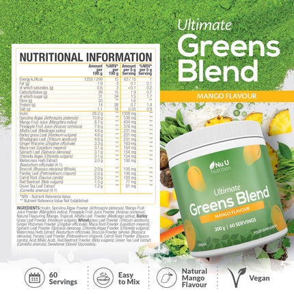 Super Greens Mango Blend Powder 300g - 17 Active Superfood Ingredients - 60 Servings
