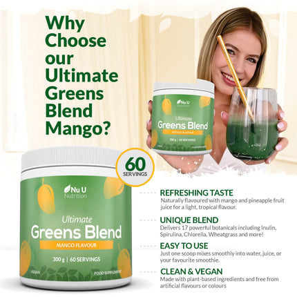 Super Greens Mango Blend Powder 300g - 17 Active Superfood Ingredients - 60 Servings