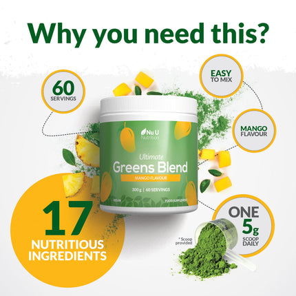 Super Greens Mango Blend Powder 300g - 17 Active Superfood Ingredients - 60 Servings