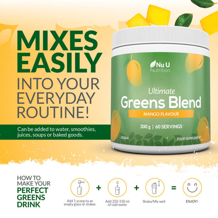 Super Greens Mango Blend Powder 300g - 17 Active Superfood Ingredients - 60 Servings