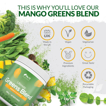 Super Greens Mango Blend Powder 300g - 17 Active Superfood Ingredients - 60 Servings