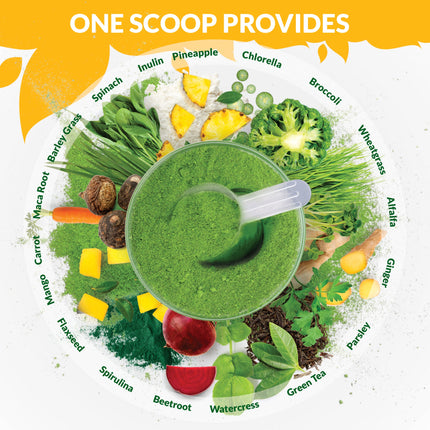 Super Greens Mango Blend Powder 300g - 17 Active Superfood Ingredients - 60 Servings