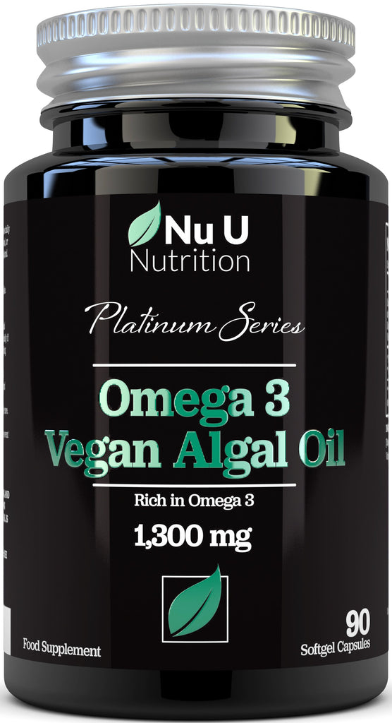 Vegan Omega 3 Rich Algae Oil Capsules with Vitamin E - 1300mg Algae Oil, 90 Softgels