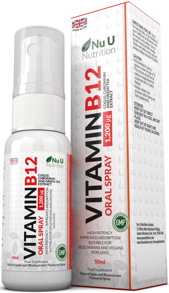 Vitamin B12 Spray 50ml 1,200 µg of B12 with CoQ10, Chromium and Green Tea Extract, Natural Apple and Blackcurrant Flavoured, Vegetarian and Vegan
