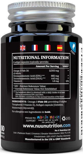 Omega 3 Fish Oil, Double Strength EPA and DHA, 180 Platinum Series Fish Oil Softgels