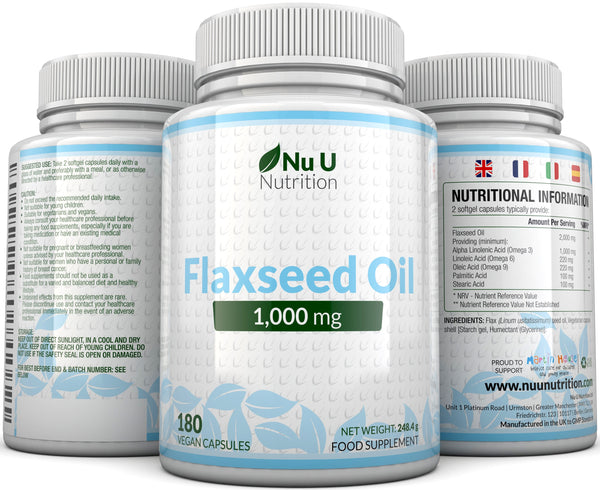 Flaxseed Oil 1000mg - 180 Cold Pressed Vegan Softgel Capsules - Rich in Omega 3 6 9 - 3 Month Supply