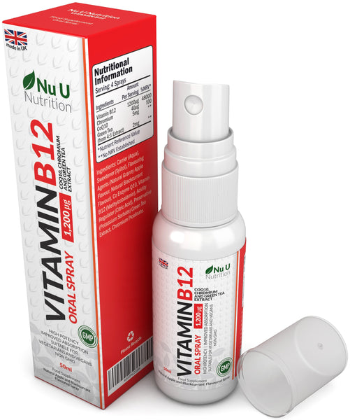 Vitamin B12 Spray 50ml 1,200 µg of B12 with CoQ10, Chromium and Green Tea Extract, Natural Apple and Blackcurrant Flavoured, Vegetarian and Vegan