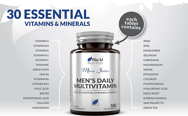 Multivitamin Tablets for Men - 30 Vitamins, Minerals & Botanicals with Maca Root and Korean Ginseng - 180 Vegan Tablets