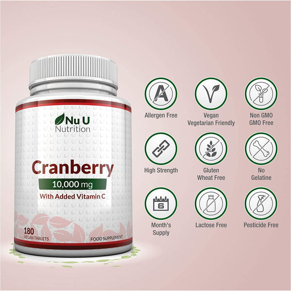 Cranberry Tablets 10,000mg - 180 Vegan Tablets with Vitamin C