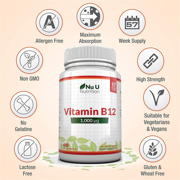Vitamin B12 1000mcg - 400 High Strength Vegan Tablets from Methylcobalamin