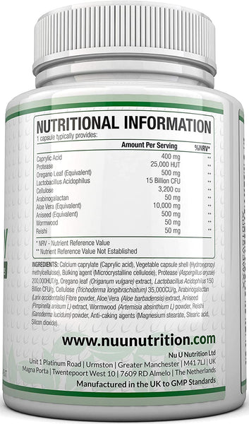Candida Cleanse & Yeast Support - 90 Vegan Capsules 3 Month Supply, with Caprylic Acid, Protease, Oregano, Wormwood, Aloe Vera, Reishi, Aniseed, Cellulose & Lacto Acidophilus