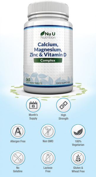 Calcium, Magnesium, Zinc & Vitamin D Vegetarian Supplement - 6 Month Supply, 365 Veggie Tablets
