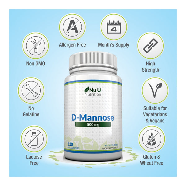 D-Mannose 500mg Premium Quality, 120 Tablets, Vegetarian & Vegan