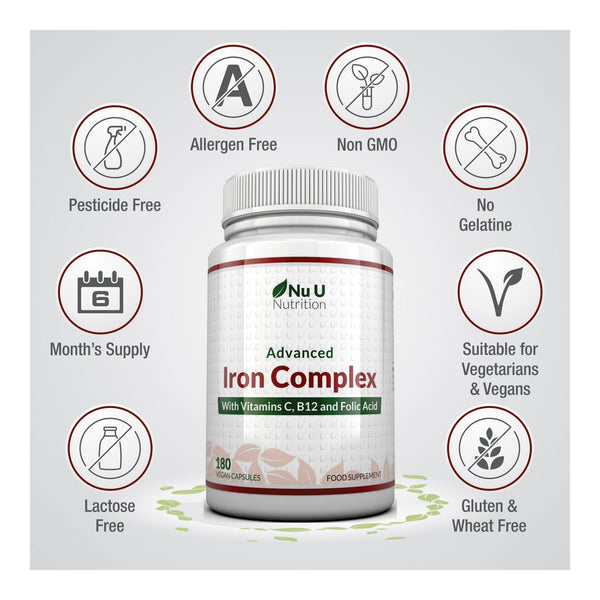 Iron Supplement, 180 Vegan Capsules with Vitamin C, B12 & Folic Acid 6 Month Supply