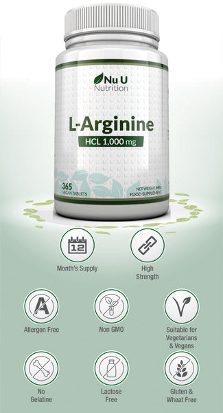 L-Arginine HCL 1000mg - 365 Vegan Tablets - 1 Year Supply