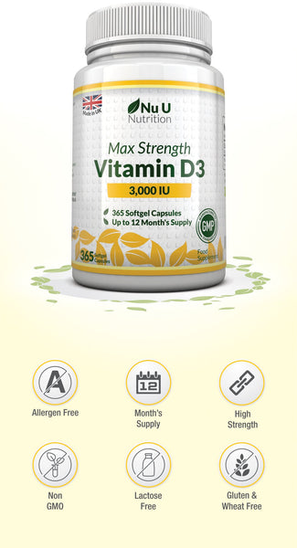 Vitamin D3 3,000 IU – 365 Softgels 1 Year Supply